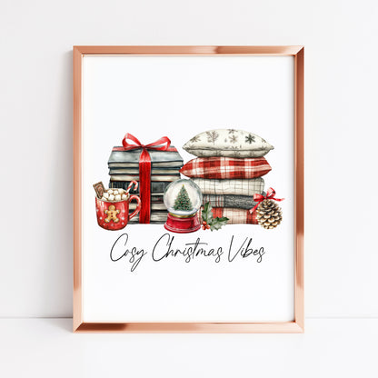 Christmas Print Cosy season Red Black & Green watercolour Wall Art (unframed)