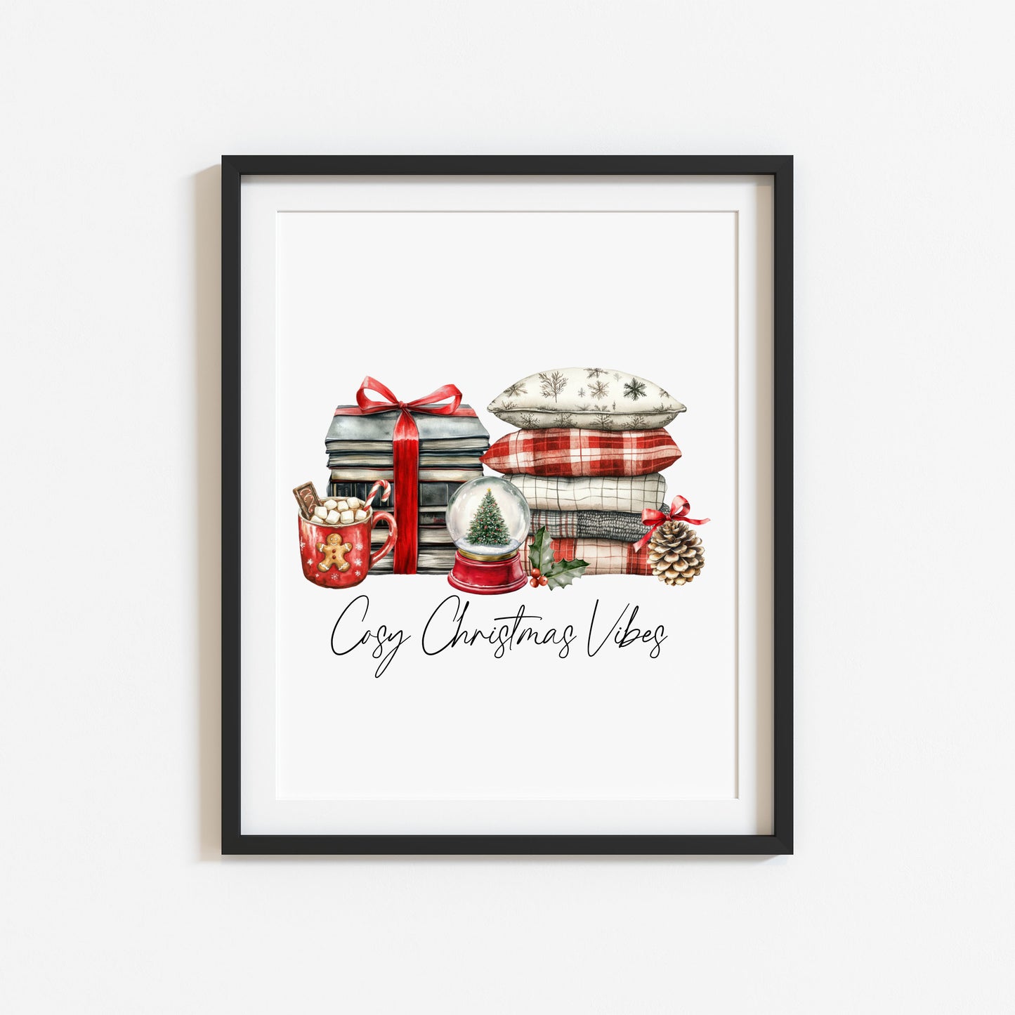 Christmas Print Cosy season Red Black & Green watercolour Wall Art (unframed)