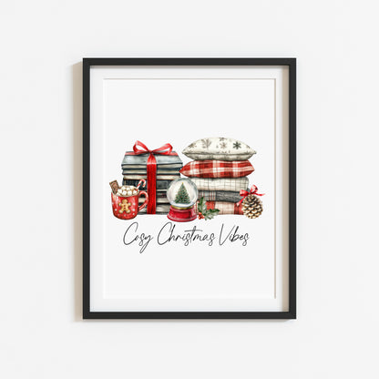 Christmas Print Cosy season Red Black & Green watercolour Wall Art (unframed)