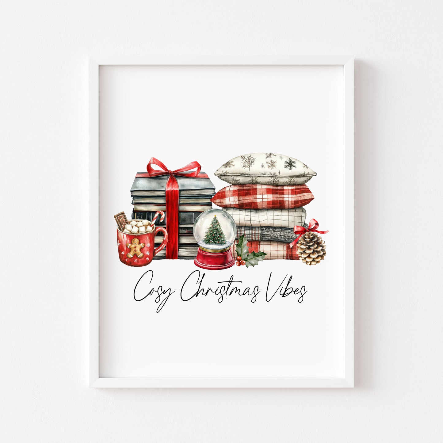 Christmas Print Cosy season Red Black & Green watercolour Wall Art (unframed)