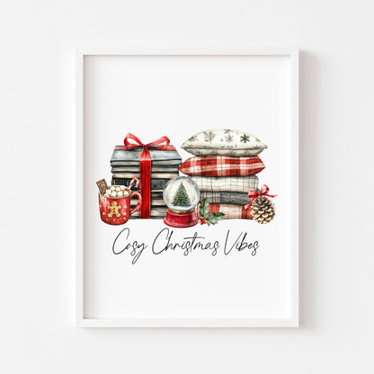 Christmas Print Cosy season Red Black & Green watercolour Wall Art (unframed)