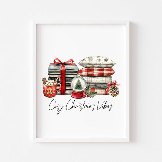 Christmas Print Cosy season Red Black & Green watercolour Wall Art (unframed)