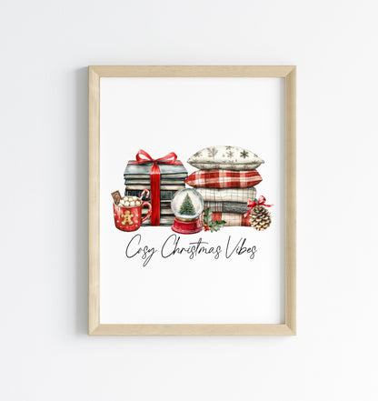 Christmas Print Cosy season Red Black & Green watercolour Wall Art (unframed)