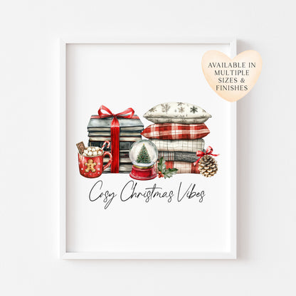 Christmas Print Cosy season Red Black & Green watercolour Wall Art (unframed)