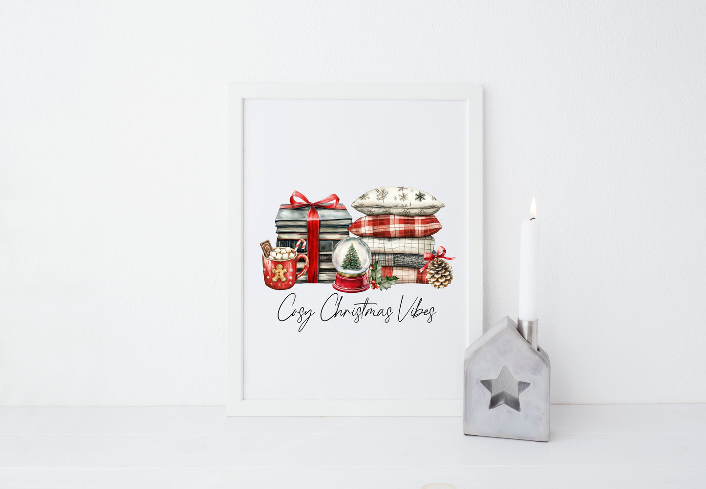 Christmas Print Cosy season Red Black & Green watercolour Wall Art (unframed)