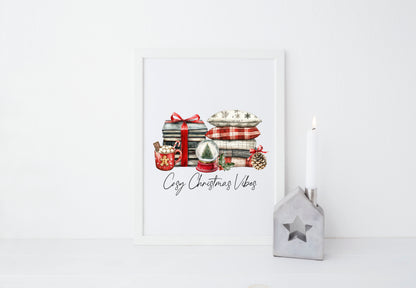 Christmas Print Cosy season Red Black & Green watercolour Wall Art (unframed)