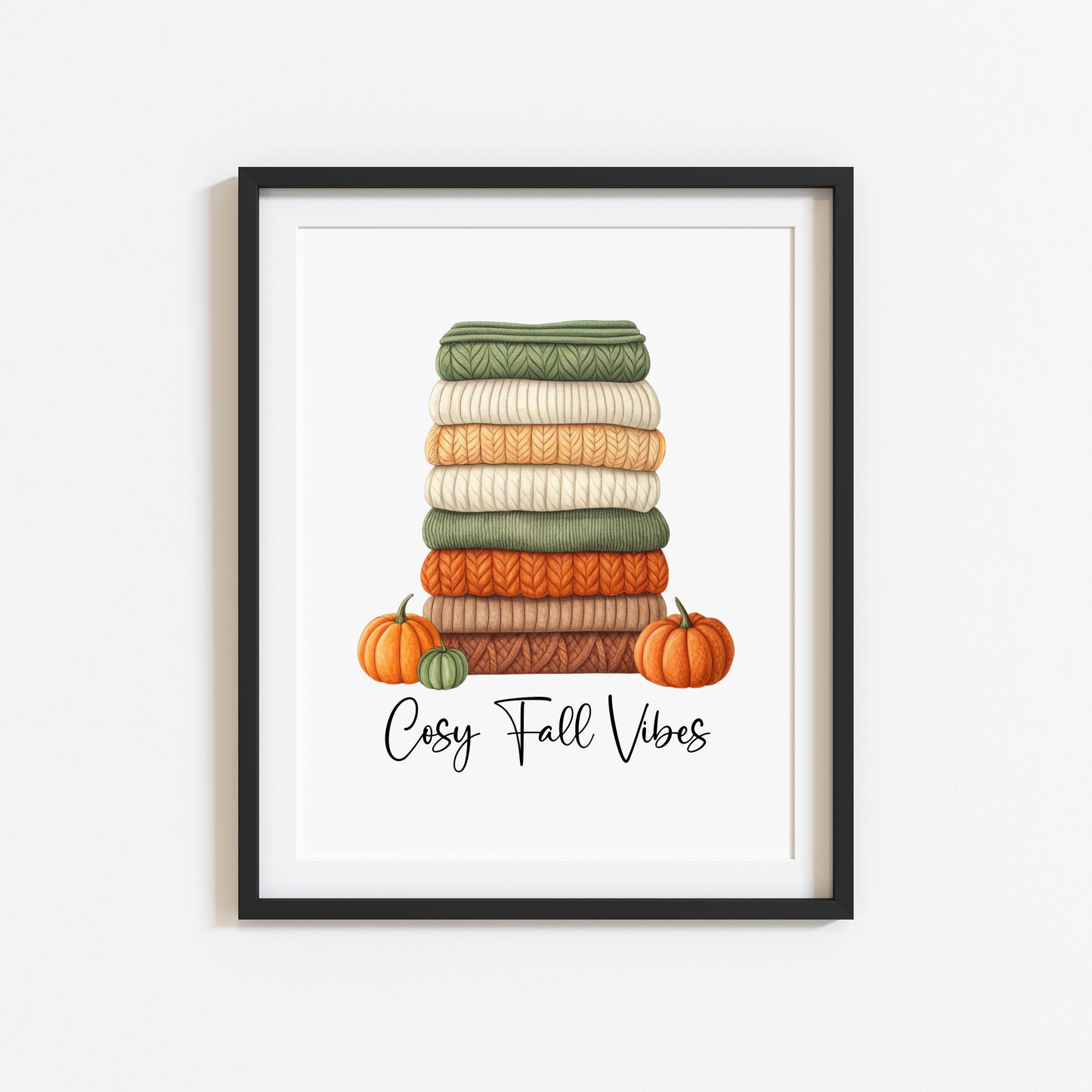 Autumn print, Cosy Fall vibes green orange jumpers books & Pumpkins unframed wall art poster