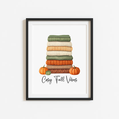 Autumn print, Cosy Fall vibes green orange jumpers books & Pumpkins unframed wall art poster