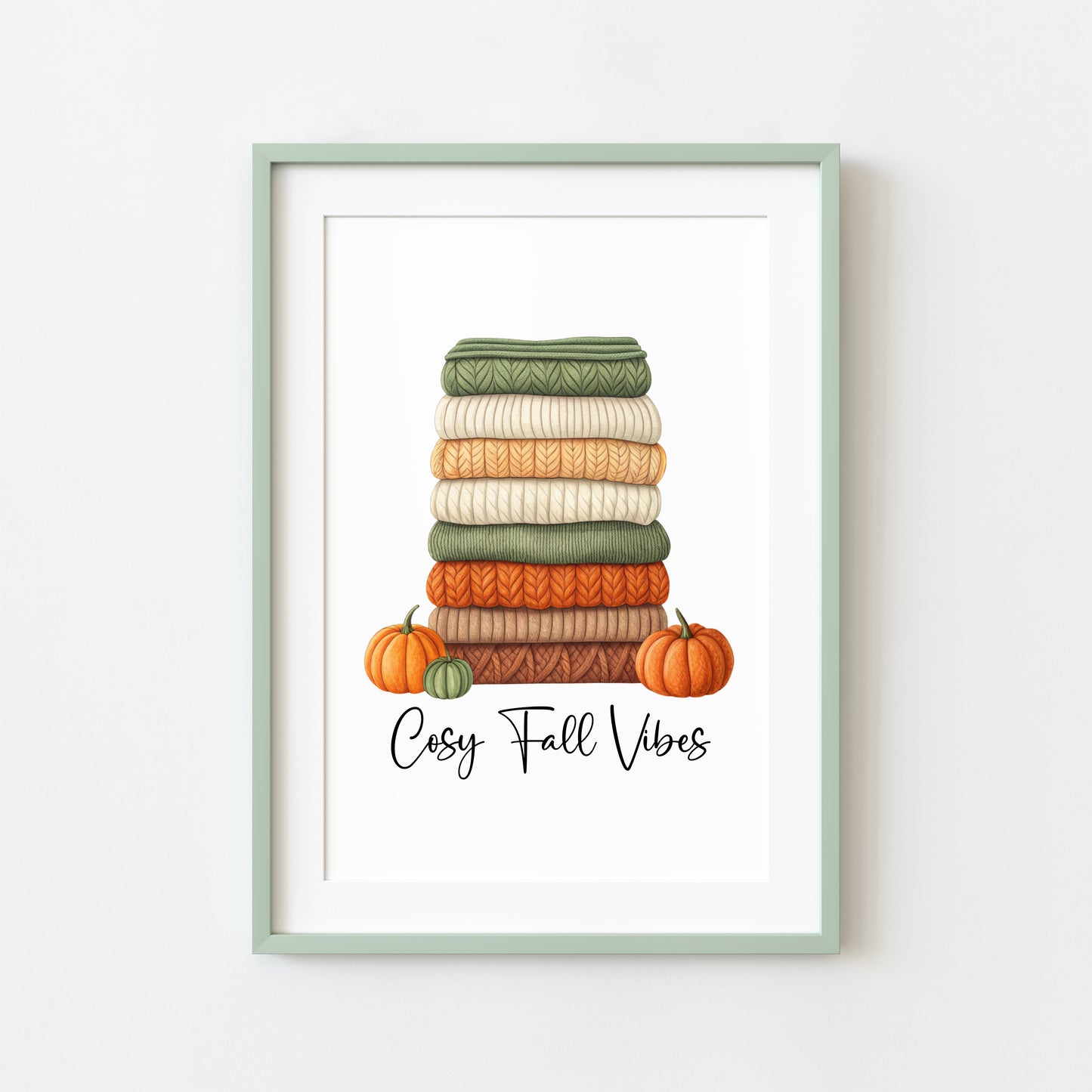 Autumn print, Cosy Fall vibes green orange jumpers books & Pumpkins unframed wall art poster