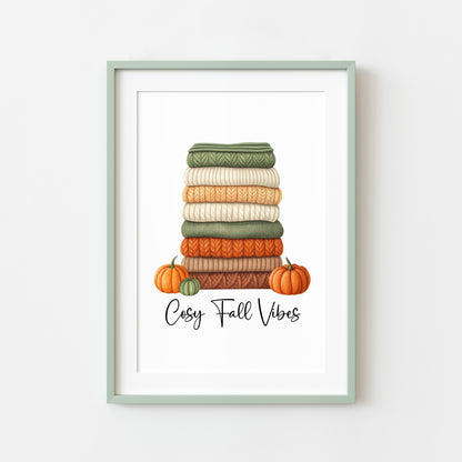 Autumn print, Cosy Fall vibes green orange jumpers books & Pumpkins unframed wall art poster