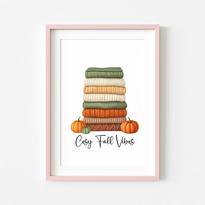 Autumn print, Cosy Fall vibes green orange jumpers books & Pumpkins unframed wall art poster