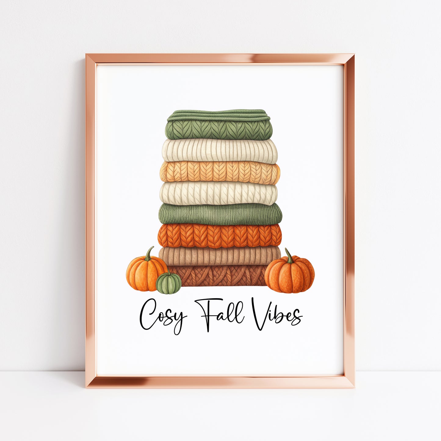Autumn print, Cosy Fall vibes green orange jumpers books & Pumpkins unframed wall art poster