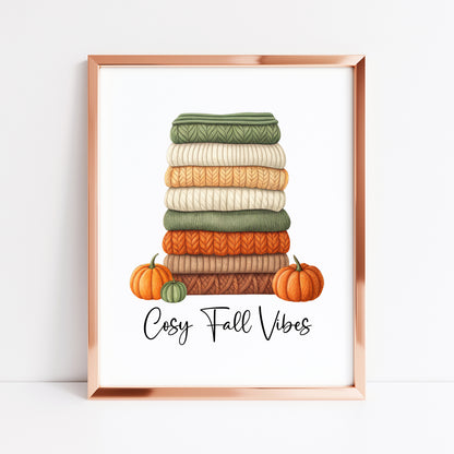 Autumn print, Cosy Fall vibes green orange jumpers books & Pumpkins unframed wall art poster