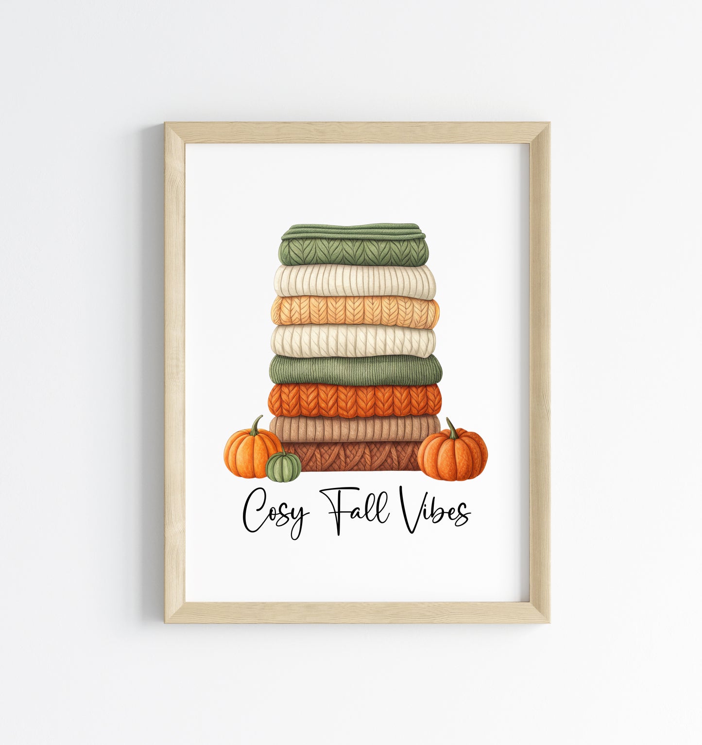 Autumn print, Cosy Fall vibes green orange jumpers books & Pumpkins unframed wall art poster