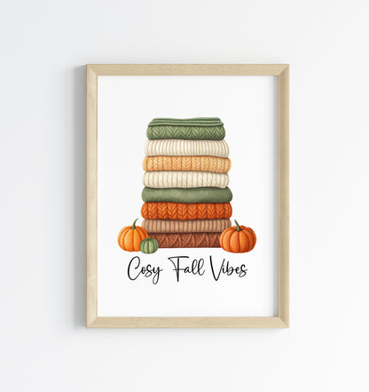 Autumn print, Cosy Fall vibes green orange jumpers books & Pumpkins unframed wall art poster