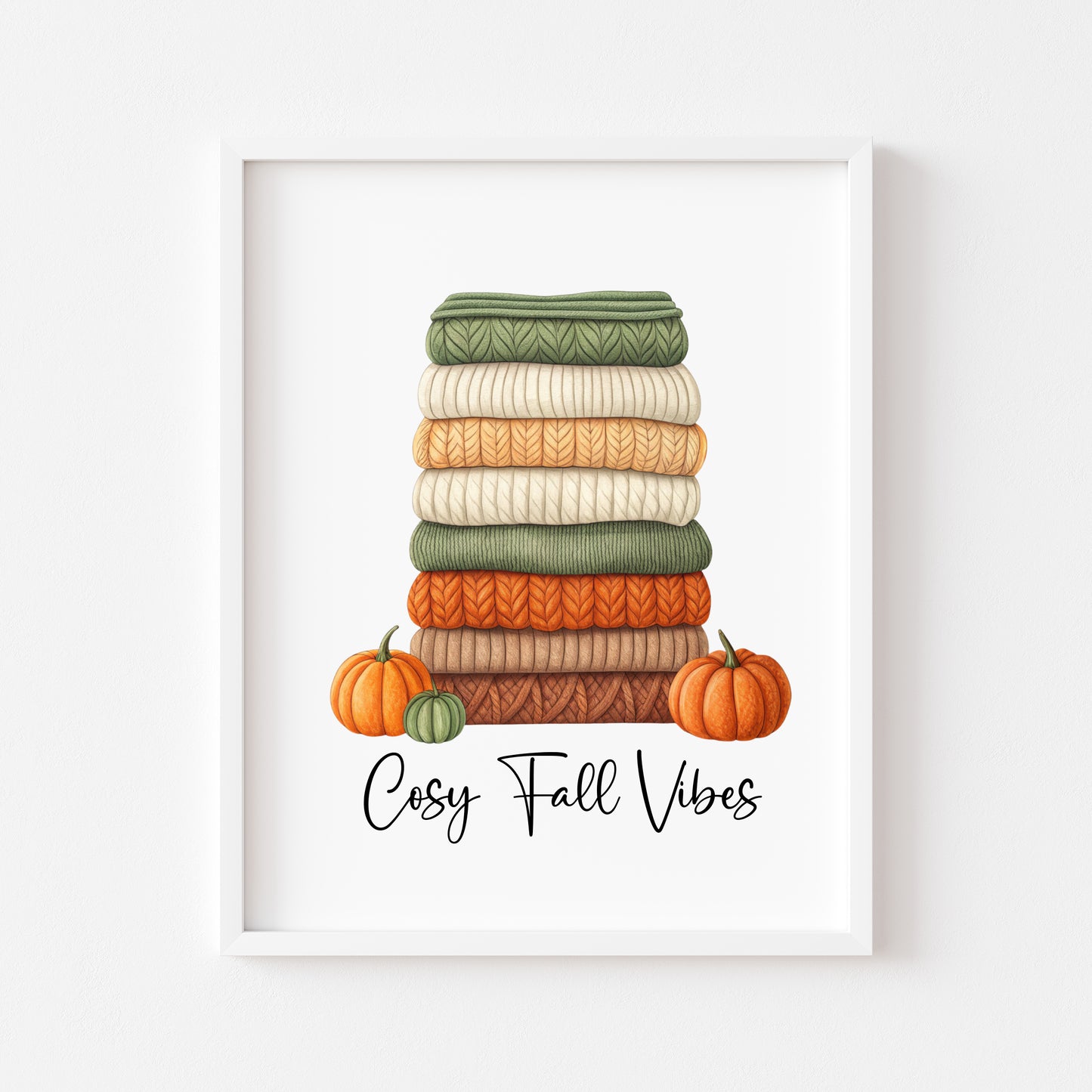 Autumn print, Cosy Fall vibes green orange jumpers books & Pumpkins unframed wall art poster