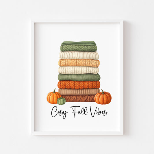Autumn print, Cosy Fall vibes green orange jumpers books & Pumpkins unframed wall art poster