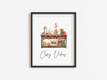 Cosy Vibes, home scene autumn watercolour seasonal fall hallway unframed wall art poster print
