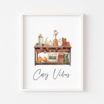 Cosy Vibes, home scene autumn watercolour seasonal fall hallway unframed wall art poster print