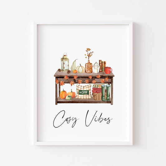 Cosy Vibes, home scene autumn watercolour seasonal fall hallway unframed wall art poster print