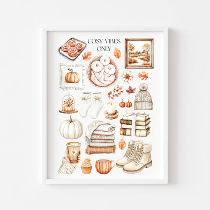 Autumn Favourites Cosy vibes only Watercolour Print Seasonal Wall Art (unframed)