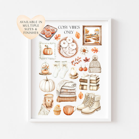 Autumn Favourites Cosy vibes only Watercolour Print Seasonal Wall Art (unframed)