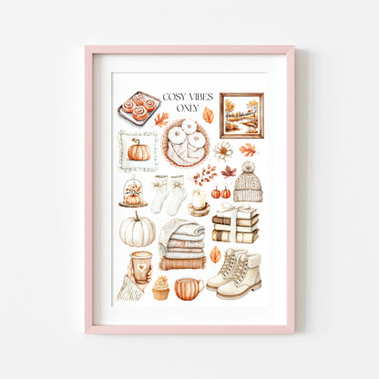 Autumn Favourites Cosy vibes only Watercolour Print Seasonal Wall Art (unframed)