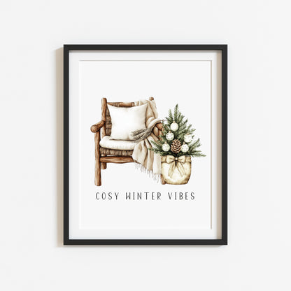 Christmas Print Watercolour Beige white Green Xmas Tree cosy chair Wall Art (unframed)