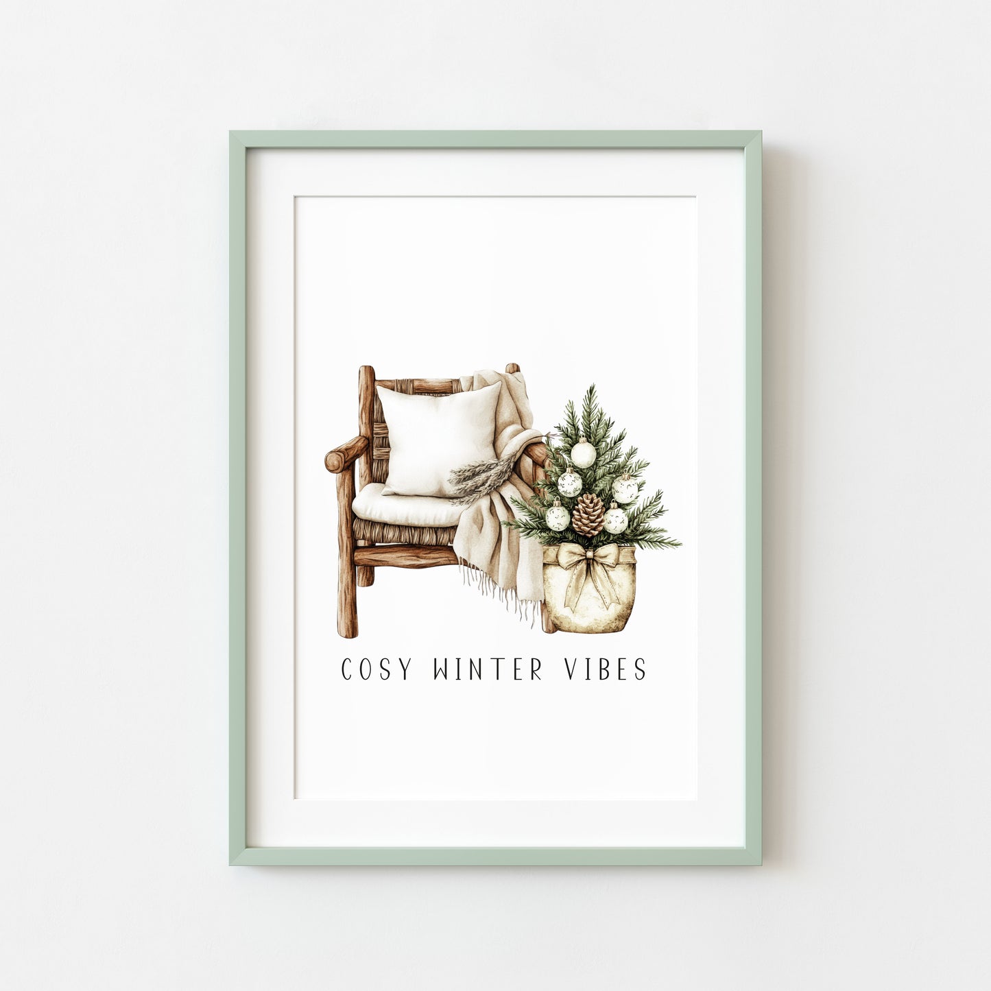 Christmas Print Watercolour Beige white Green Xmas Tree cosy chair Wall Art (unframed)