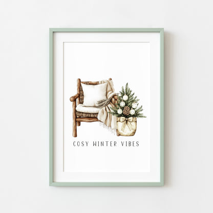 Christmas Print Watercolour Beige white Green Xmas Tree cosy chair Wall Art (unframed)