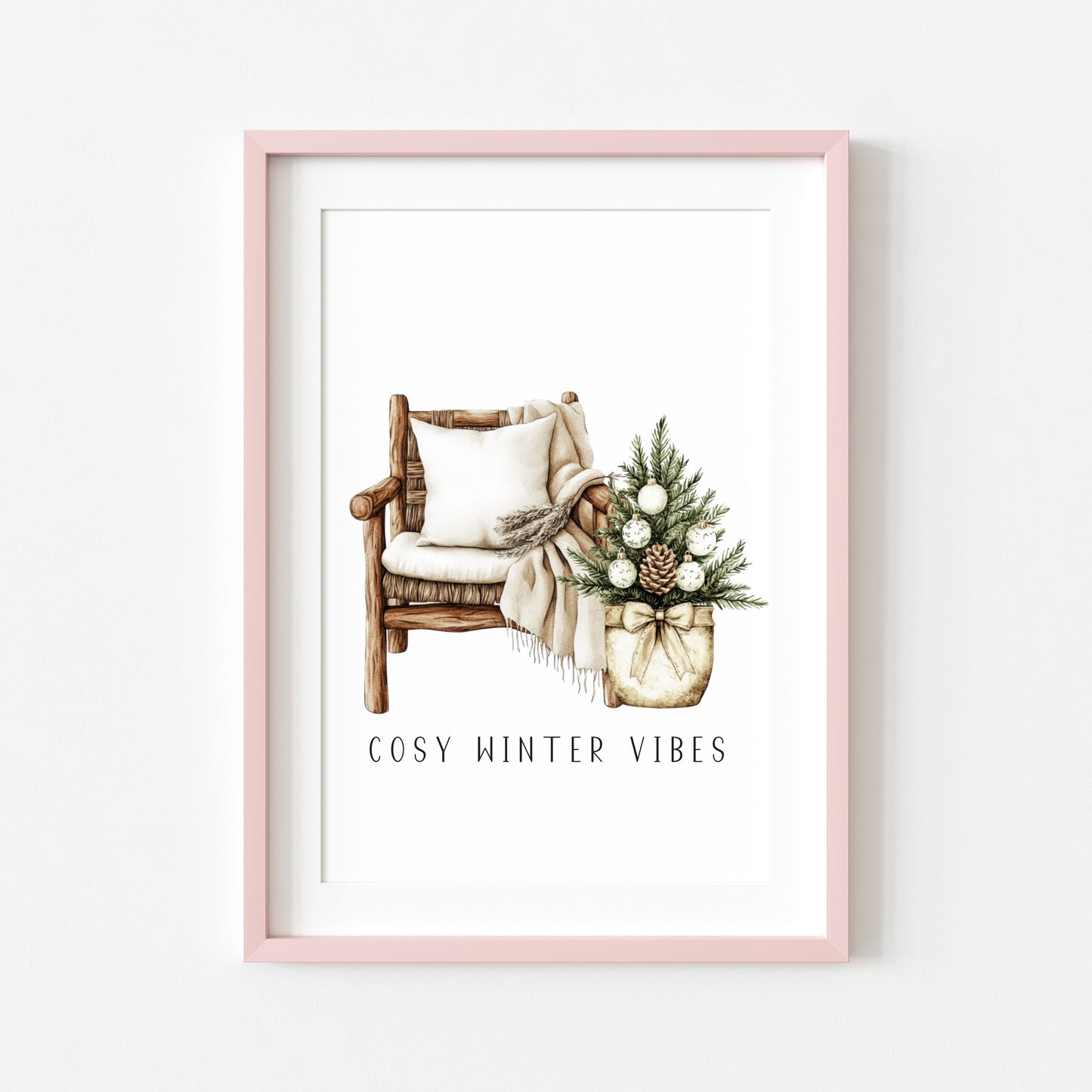 Christmas Print Watercolour Beige white Green Xmas Tree cosy chair Wall Art (unframed)