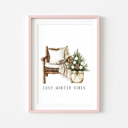 Christmas Print Watercolour Beige white Green Xmas Tree cosy chair Wall Art (unframed)