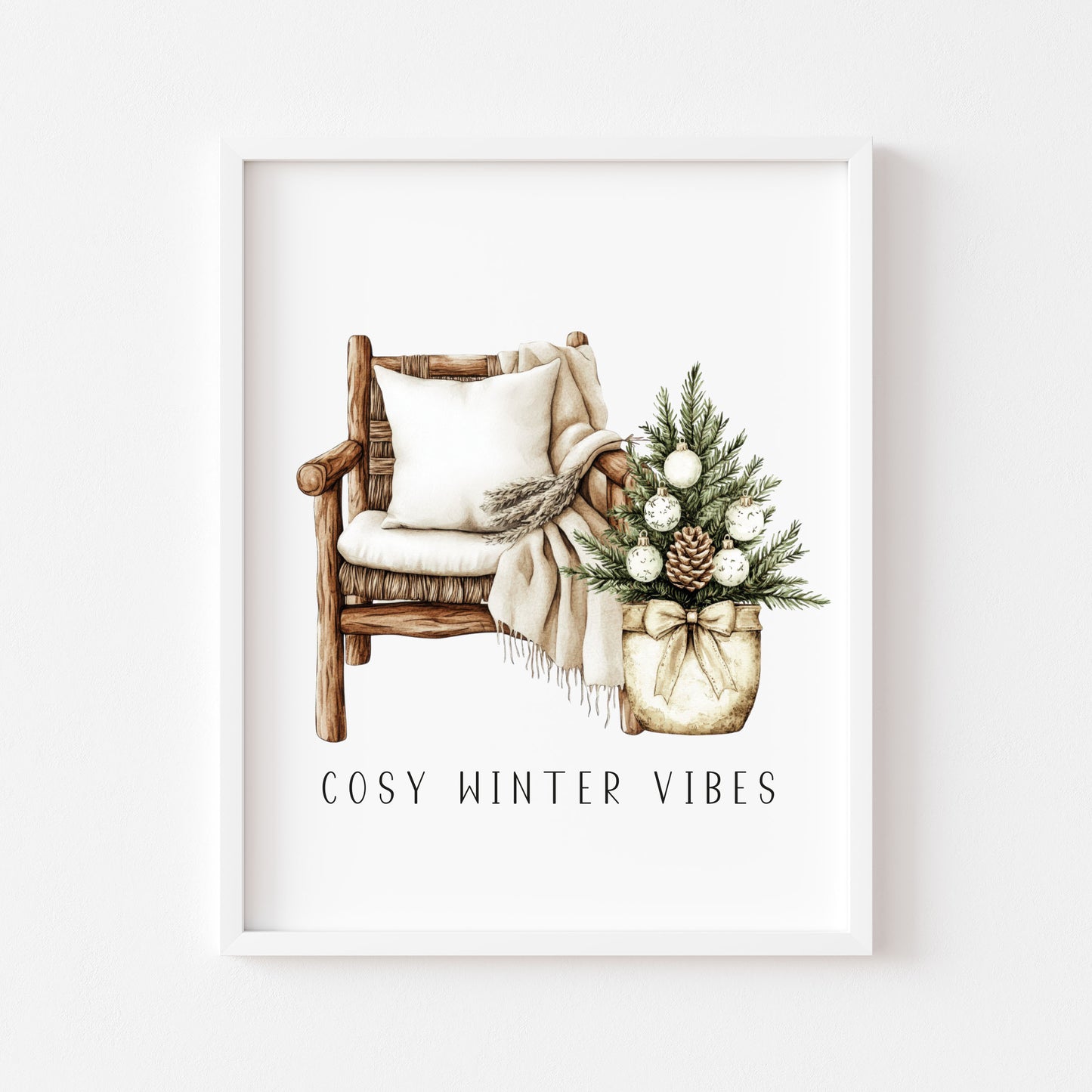 Christmas Print Watercolour Beige white Green Xmas Tree cosy chair Wall Art (unframed)