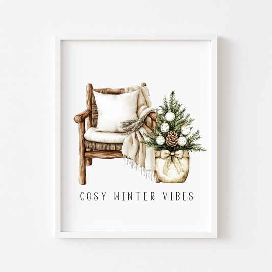 Christmas Print Watercolour Beige white Green Xmas Tree cosy chair Wall Art (unframed)