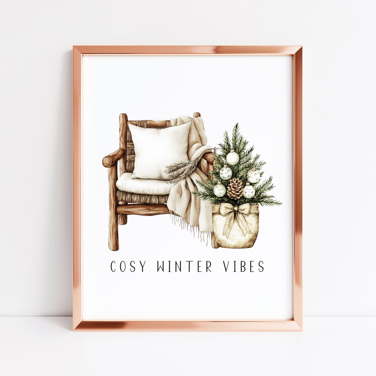 Christmas Print Watercolour Beige white Green Xmas Tree cosy chair Wall Art (unframed)