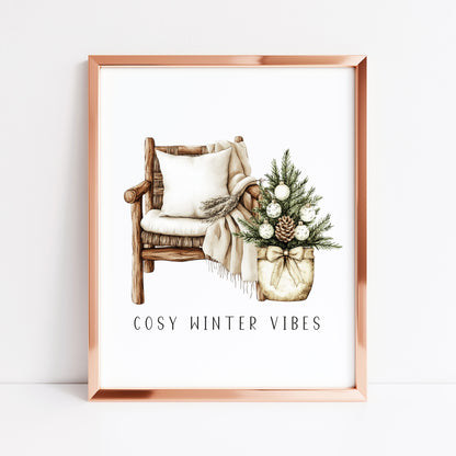 Christmas Print Watercolour Beige white Green Xmas Tree cosy chair Wall Art (unframed)