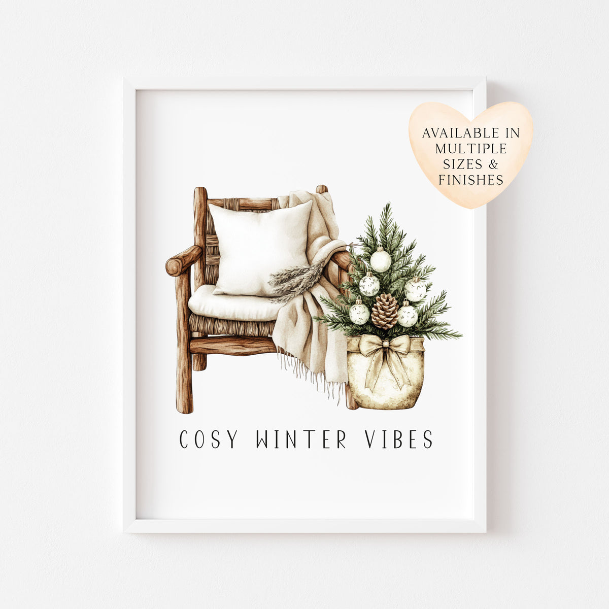 Christmas Print Watercolour Beige white Green Xmas Tree cosy chair Wall Art (unframed)