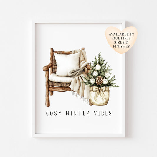 Christmas Print Watercolour Beige white Green Xmas Tree cosy chair Wall Art (unframed)