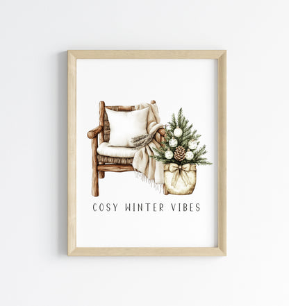 Christmas Print Watercolour Beige white Green Xmas Tree cosy chair Wall Art (unframed)