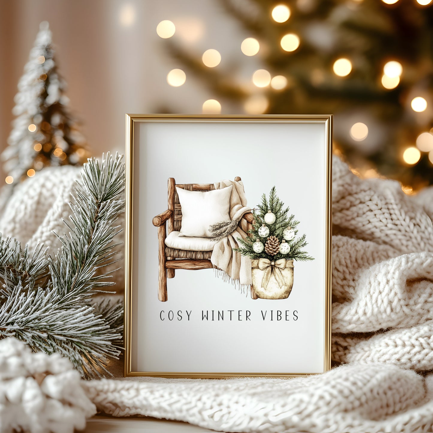 Christmas Print Watercolour Beige white Green Xmas Tree cosy chair Wall Art (unframed)