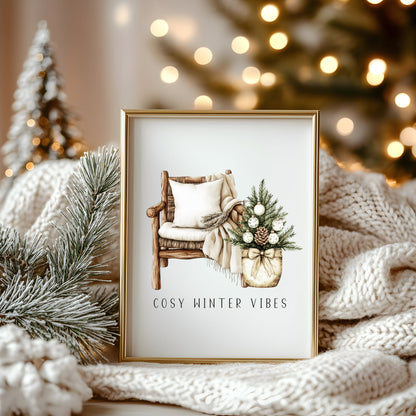 Christmas Print Watercolour Beige white Green Xmas Tree cosy chair Wall Art (unframed)