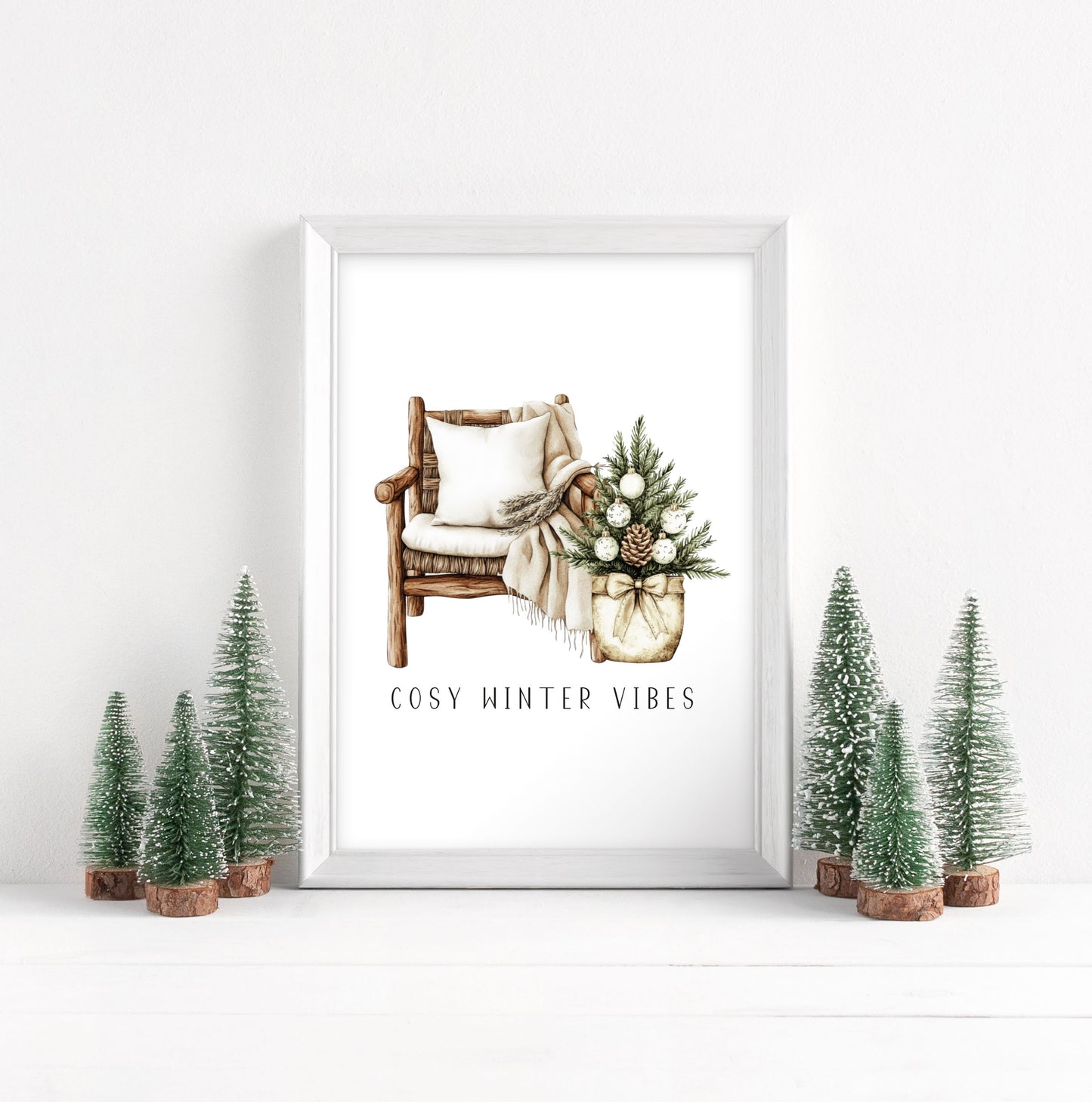 Christmas Print Watercolour Beige white Green Xmas Tree cosy chair Wall Art (unframed)