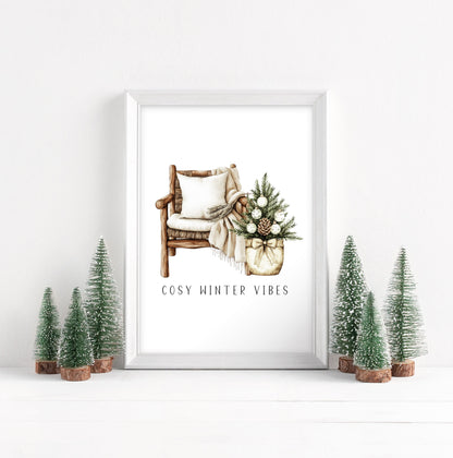 Christmas Print Watercolour Beige white Green Xmas Tree cosy chair Wall Art (unframed)