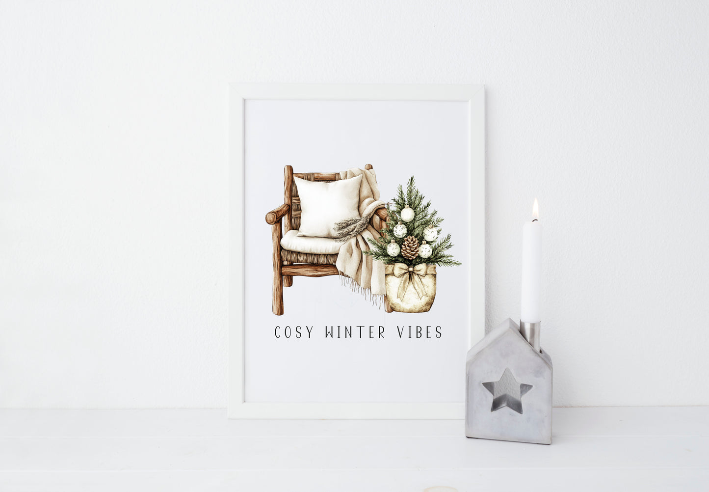 Christmas Print Watercolour Beige white Green Xmas Tree cosy chair Wall Art (unframed)