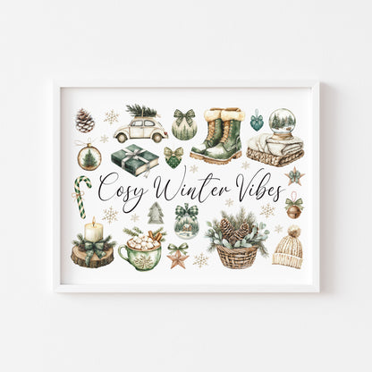 Christmas Print Cosy Winter Vibes festive green & beige watercolour Wall Art (unframed)