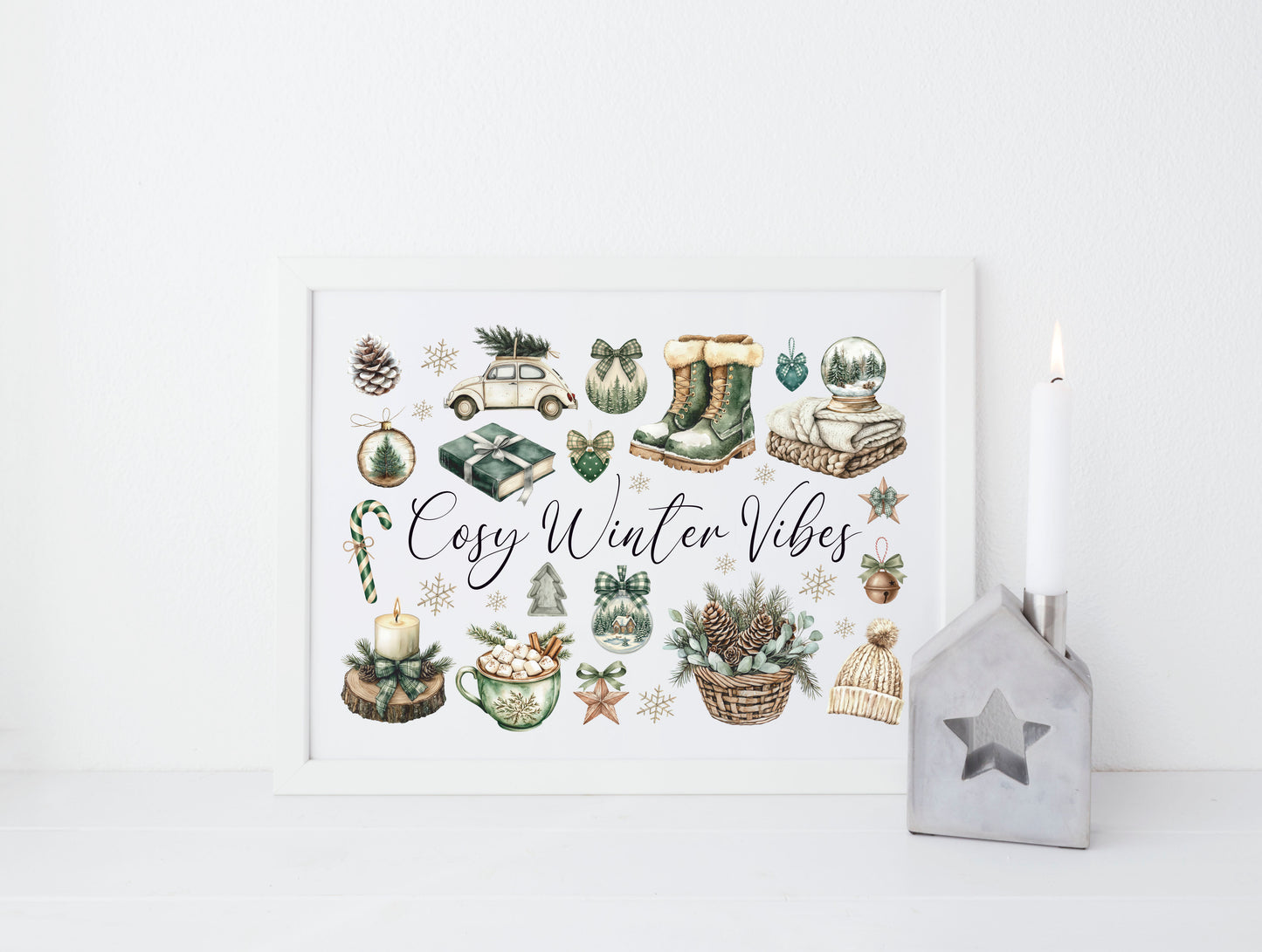 Christmas Print Cosy Winter Vibes festive green & beige watercolour Wall Art (unframed)