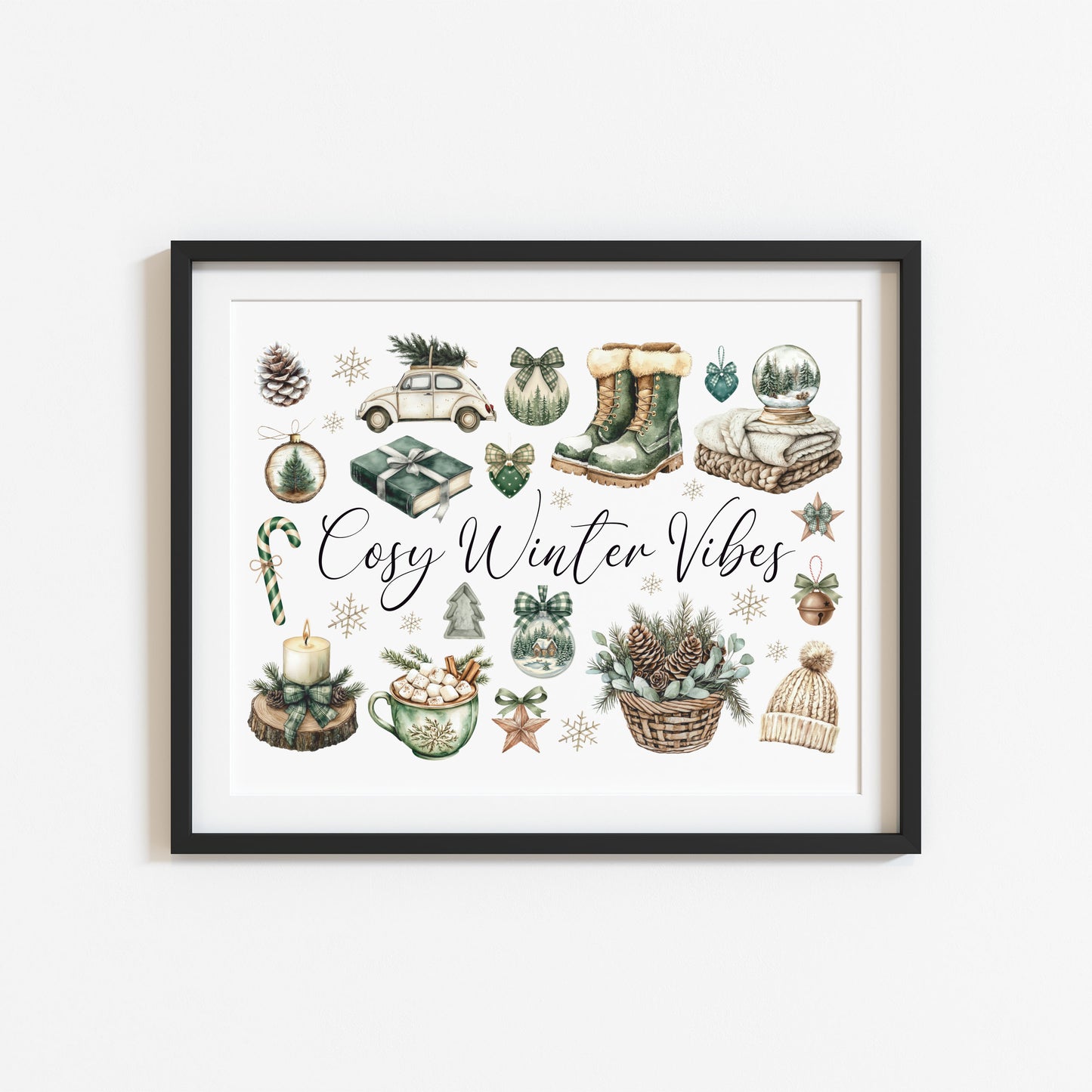 Christmas Print Cosy Winter Vibes festive green & beige watercolour Wall Art (unframed)