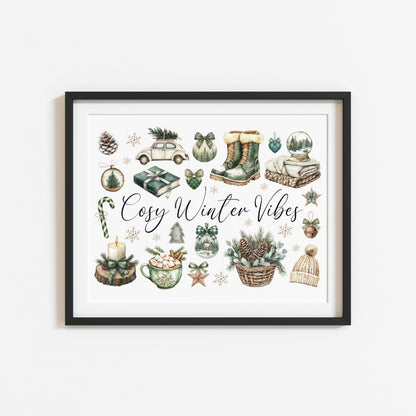 Christmas Print Cosy Winter Vibes festive green & beige watercolour Wall Art (unframed)