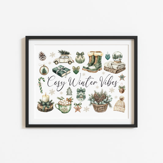 Christmas Print Cosy Winter Vibes festive green & beige watercolour Wall Art (unframed)