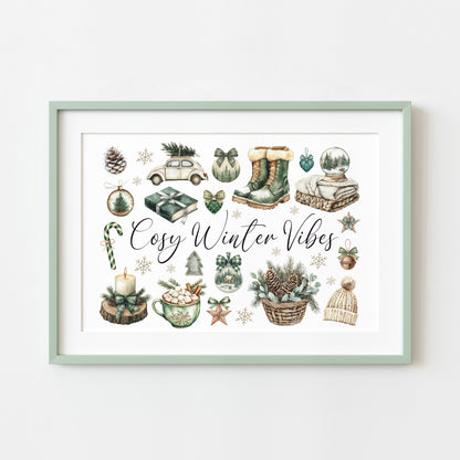 Christmas Print Cosy Winter Vibes festive green & beige watercolour Wall Art (unframed)